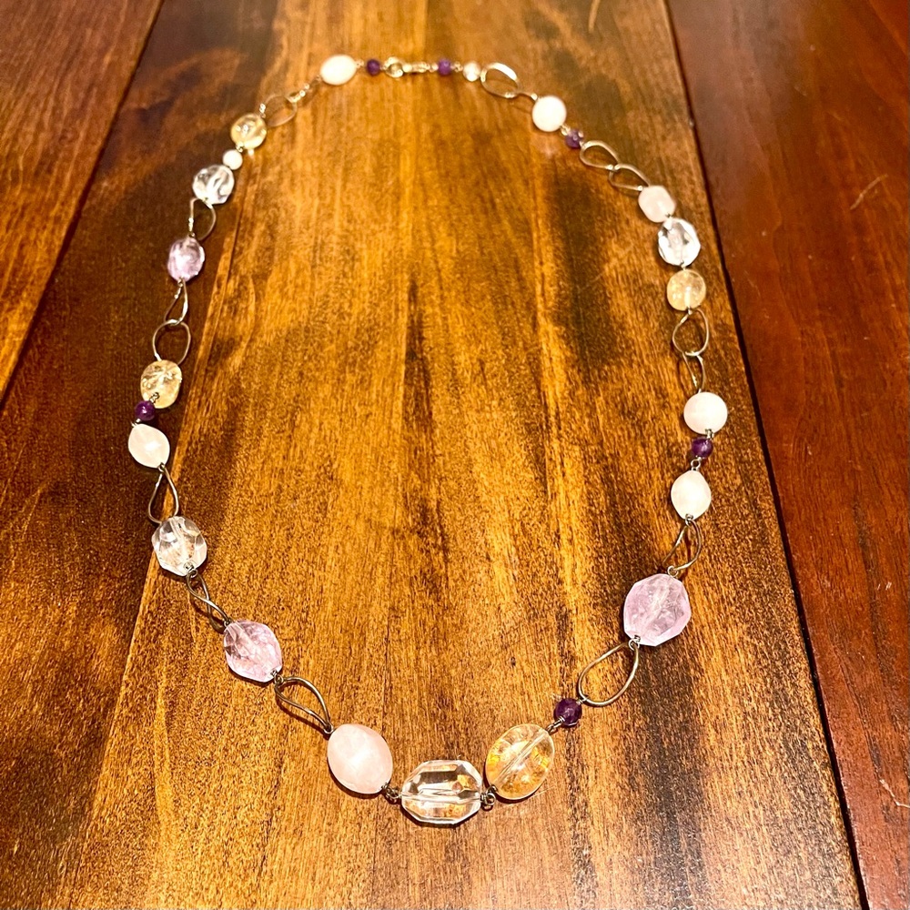 J & T Sterling Link Necklace, Amethyst Rose Quartz, 925 Silver Links